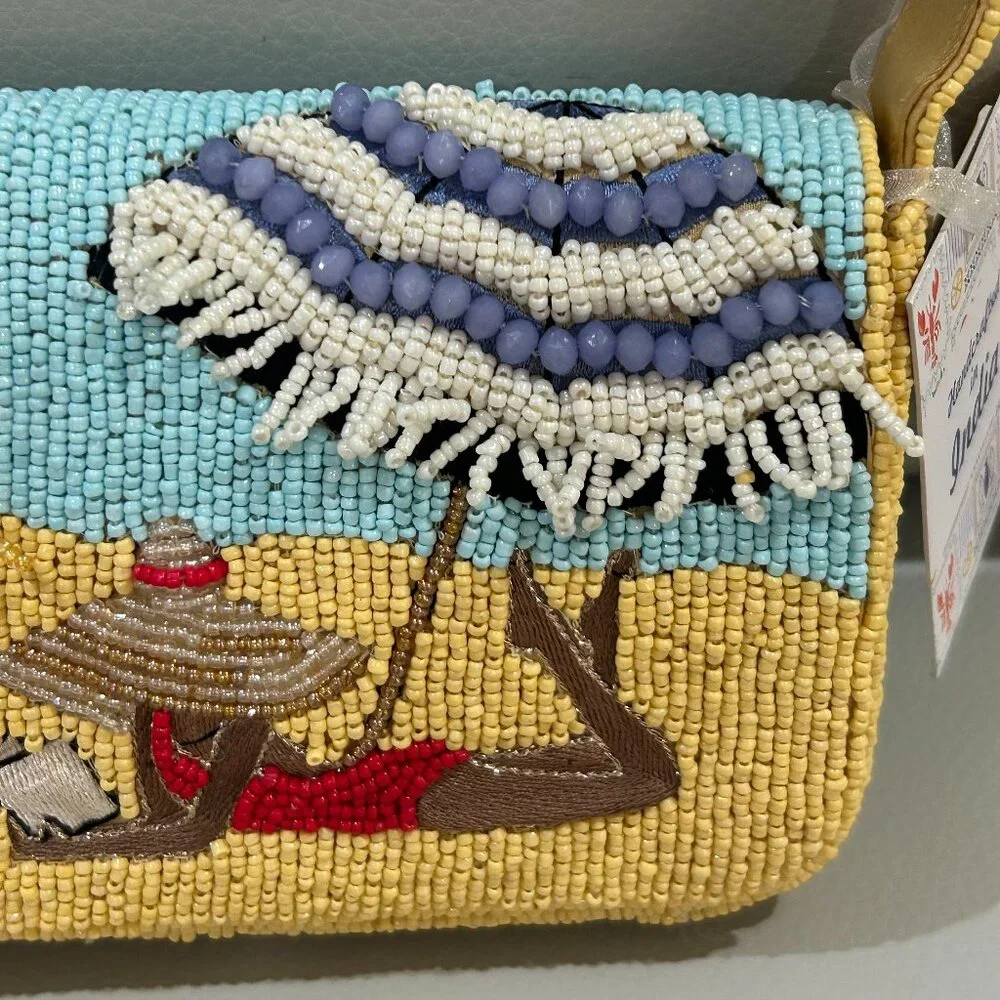 Handcrafted in India Beach Scene Fringed Umbrella Sunbather Girl Towel Ocean NWT